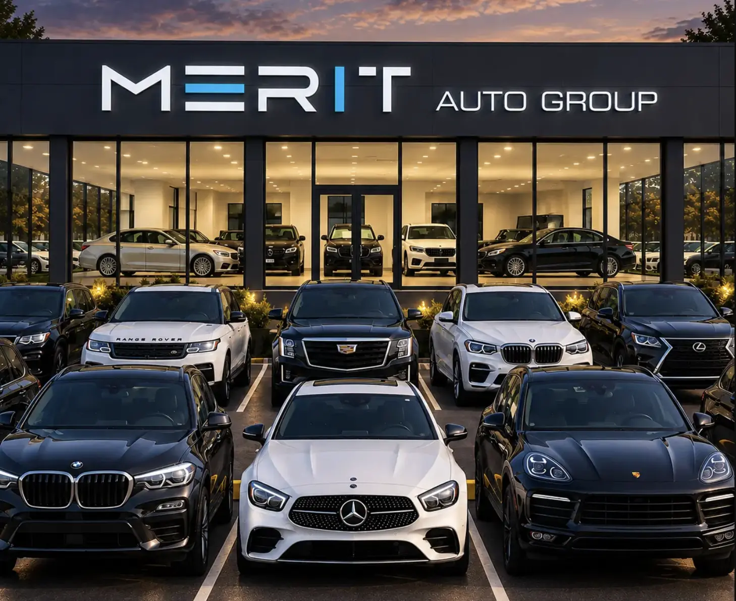 Merit Auto Group dealership showroom in Jacksonville, FL with a lineup of luxury SUVs and sedans parked